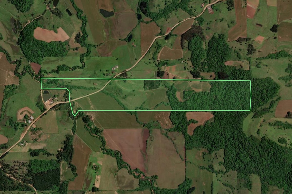 Imagem de satélite do imóvel rural em São Pedro do Sul (RS), com o contorno declarado no CAR desenhado por cima.