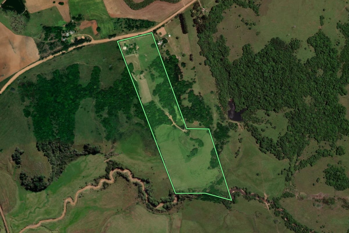 Imagem de satélite do imóvel rural em São Pedro do Sul (RS), com o contorno declarado no CAR desenhado por cima.