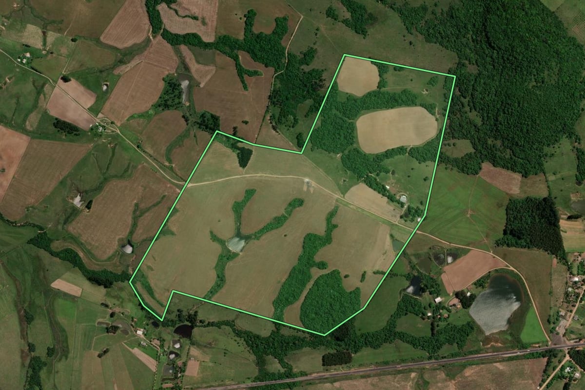 Imagem de satélite do imóvel rural em São Pedro do Sul (RS), com o contorno declarado no CAR desenhado por cima.
