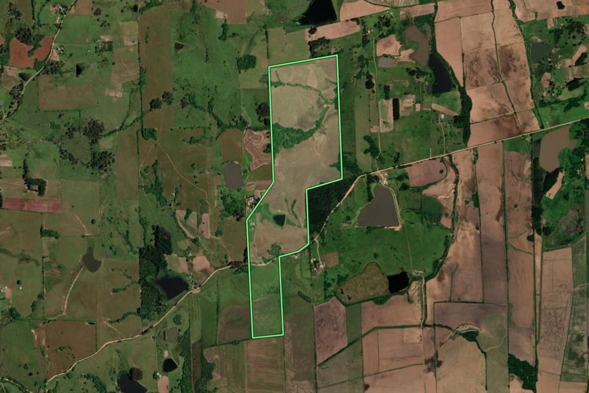 Imagem de satélite do imóvel rural em São Pedro do Sul (RS), com o contorno declarado no CAR desenhado por cima.