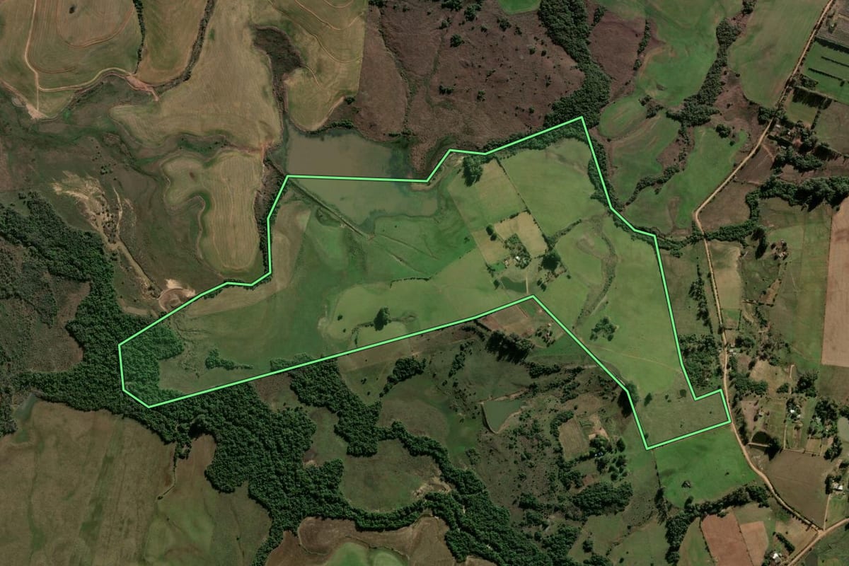 Imagem de satélite do imóvel rural em São Sepé (RS), com o contorno declarado no CAR desenhado por cima.