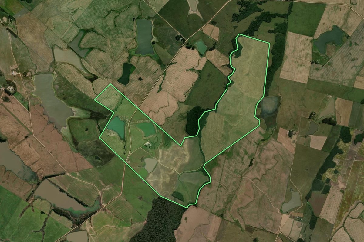 Imagem de satélite do imóvel rural em São Sepé (RS), com o contorno declarado no CAR desenhado por cima.