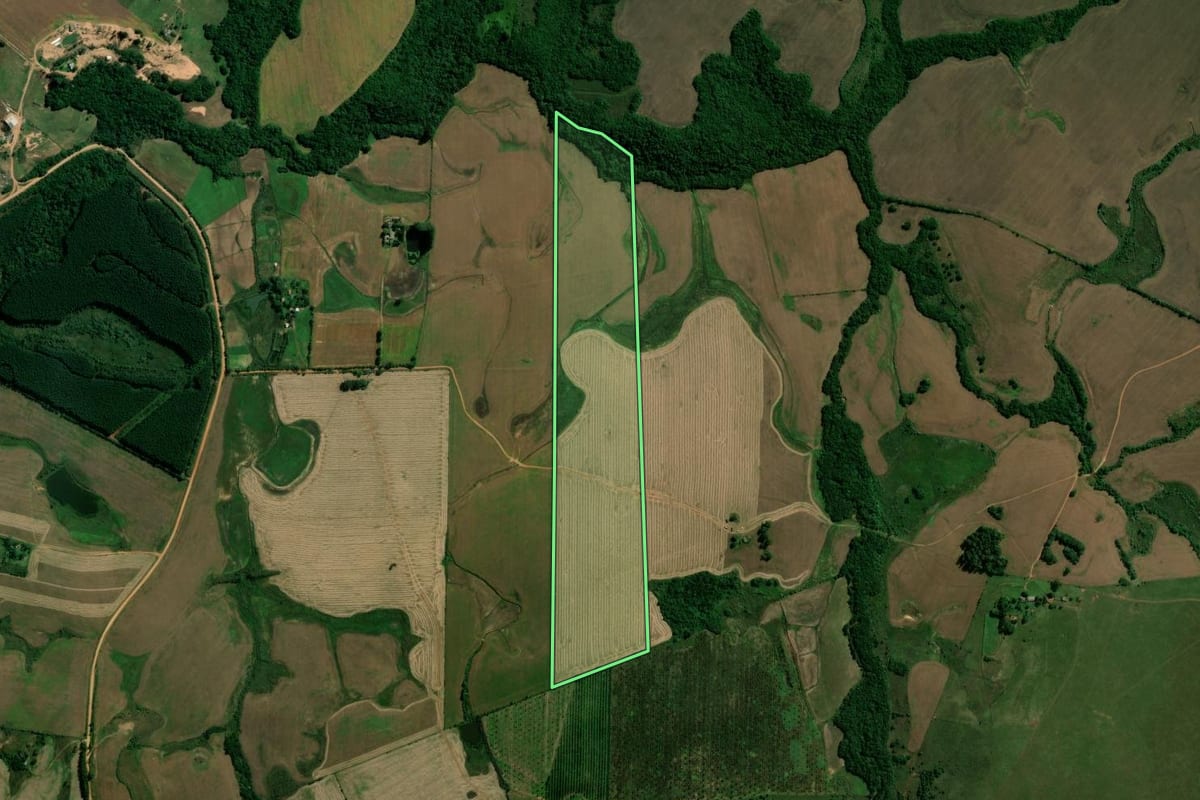 Imagem de satélite do imóvel rural em São Sepé (RS), com o contorno declarado no CAR desenhado por cima.