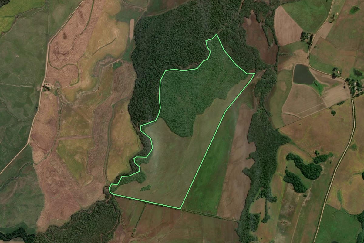 Imagem de satélite do imóvel rural em São Sepé (RS), com o contorno declarado no CAR desenhado por cima.