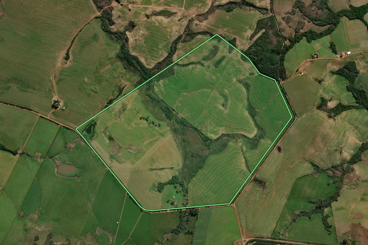 Imagem de satélite do imóvel rural em São Sepé (RS), com o contorno declarado no CAR desenhado por cima.