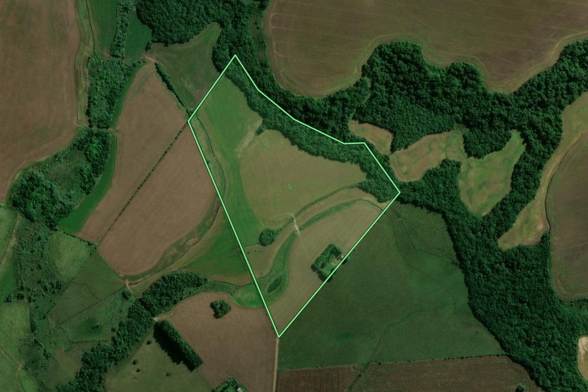 Imagem de satélite do imóvel rural em São Sepé (RS), com o contorno declarado no CAR desenhado por cima.