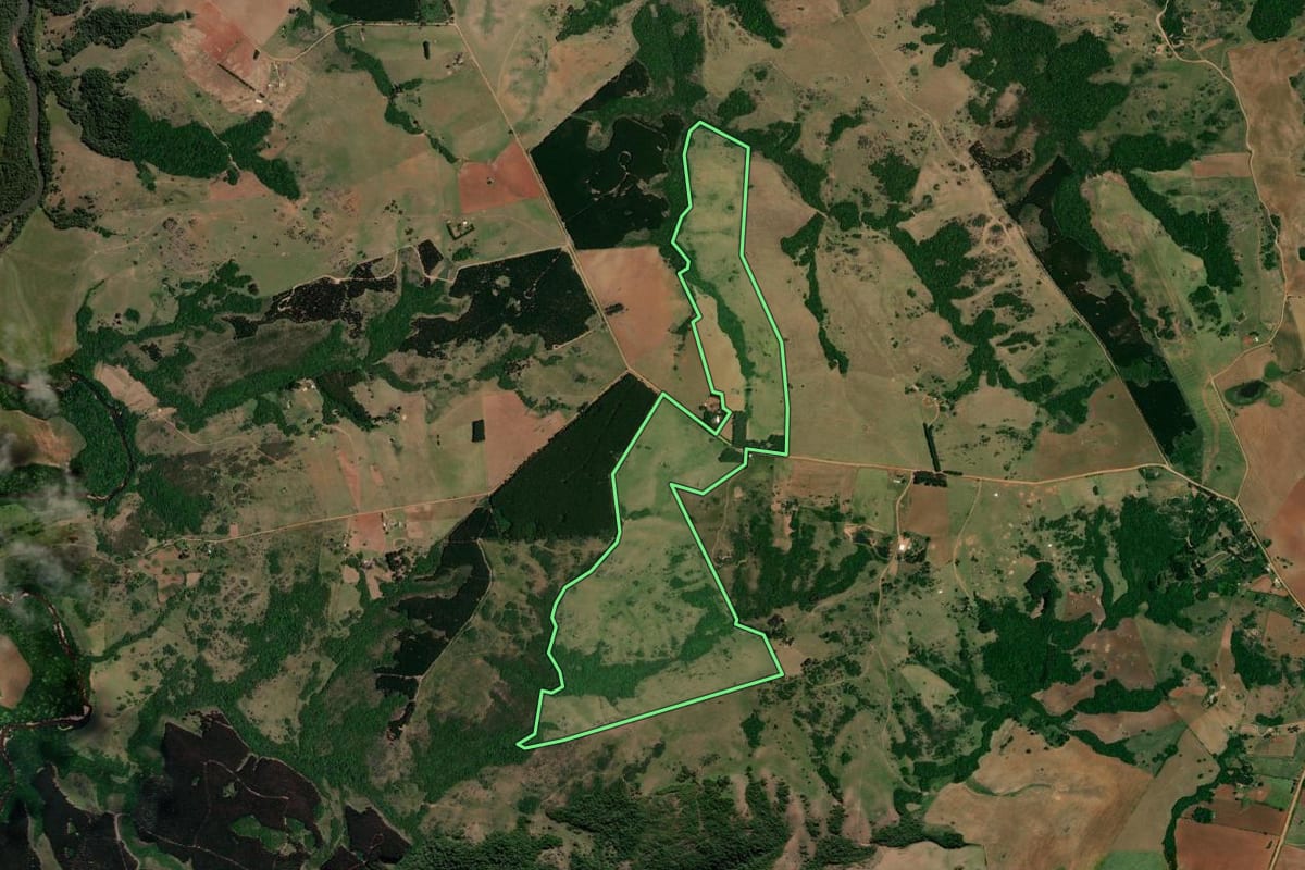 Imagem de satélite do imóvel rural em São Sepé (RS), com o contorno declarado no CAR desenhado por cima.