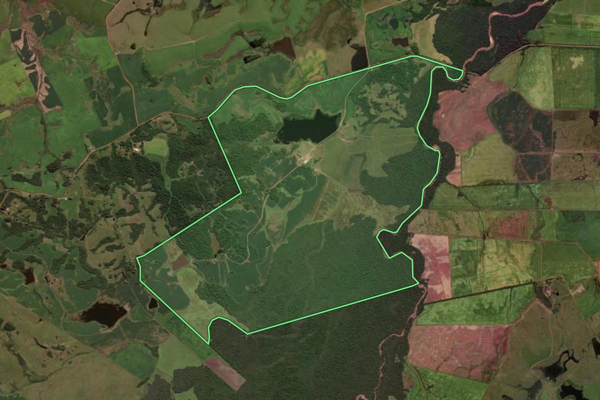 Imagem de satélite do imóvel rural em São Sepé (RS), com o contorno declarado no CAR desenhado por cima.