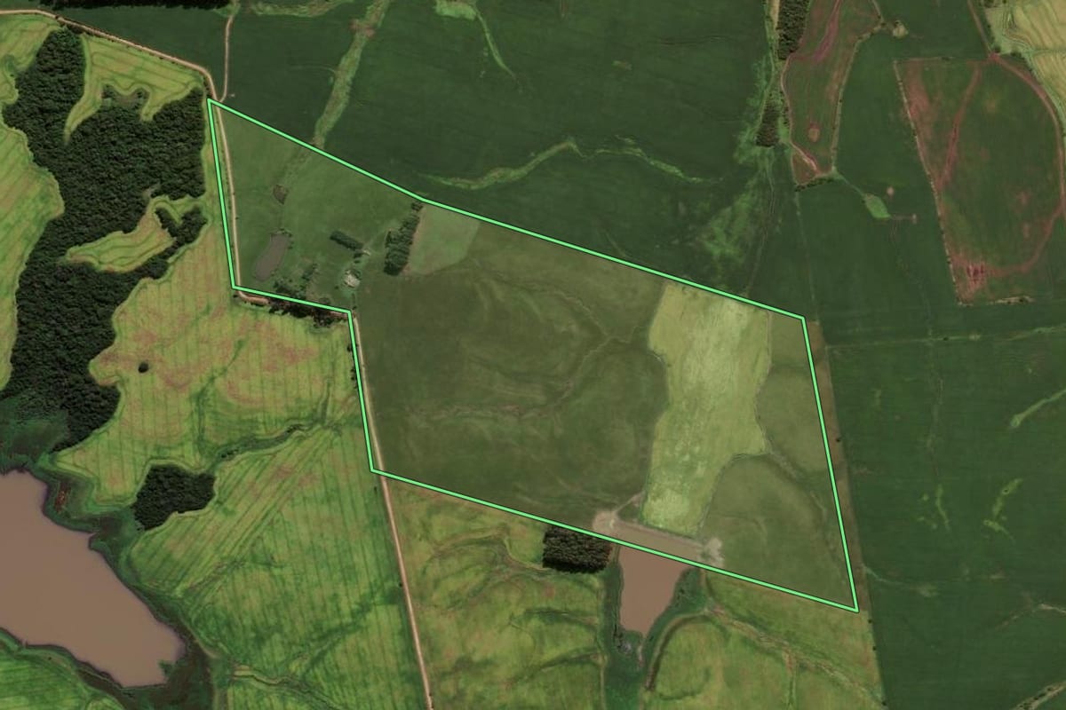 Imagem de satélite do imóvel rural em São Sepé (RS), com o contorno declarado no CAR desenhado por cima.
