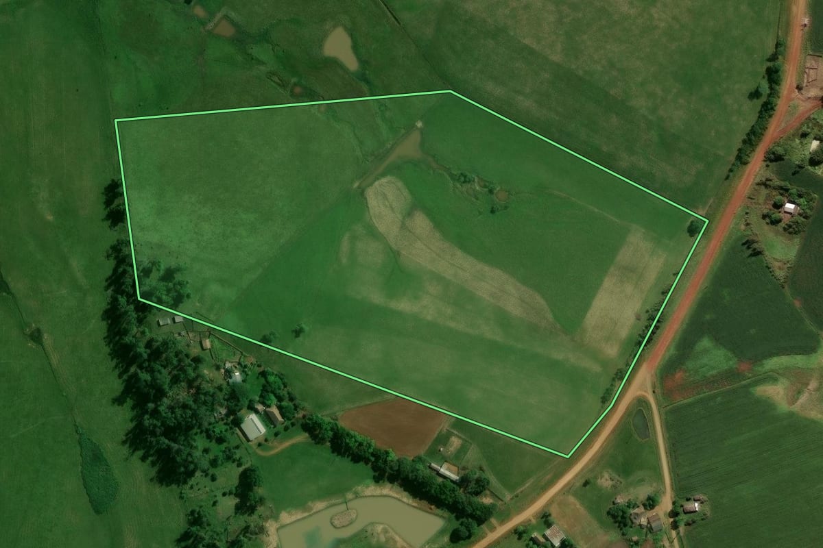 Imagem de satélite do imóvel rural em São Sepé (RS), com o contorno declarado no CAR desenhado por cima.