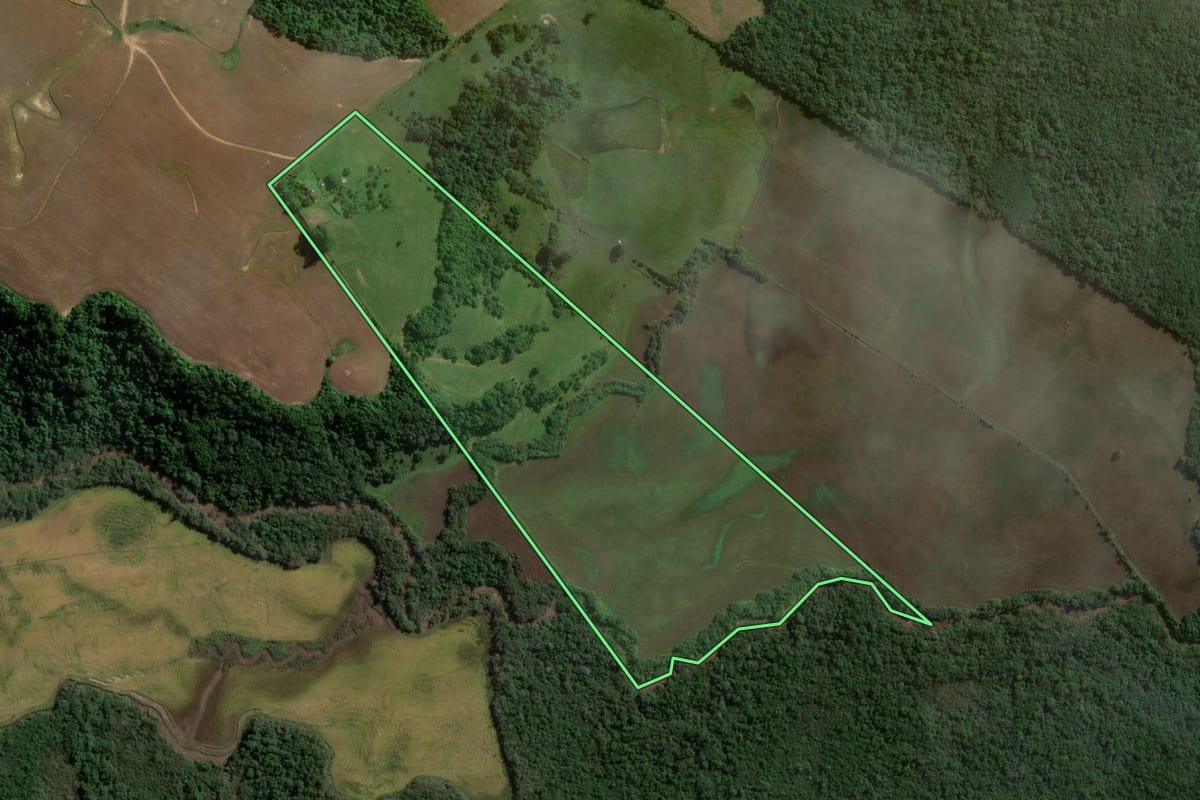 Imagem de satélite do imóvel rural em São Sepé (RS), com o contorno declarado no CAR desenhado por cima.