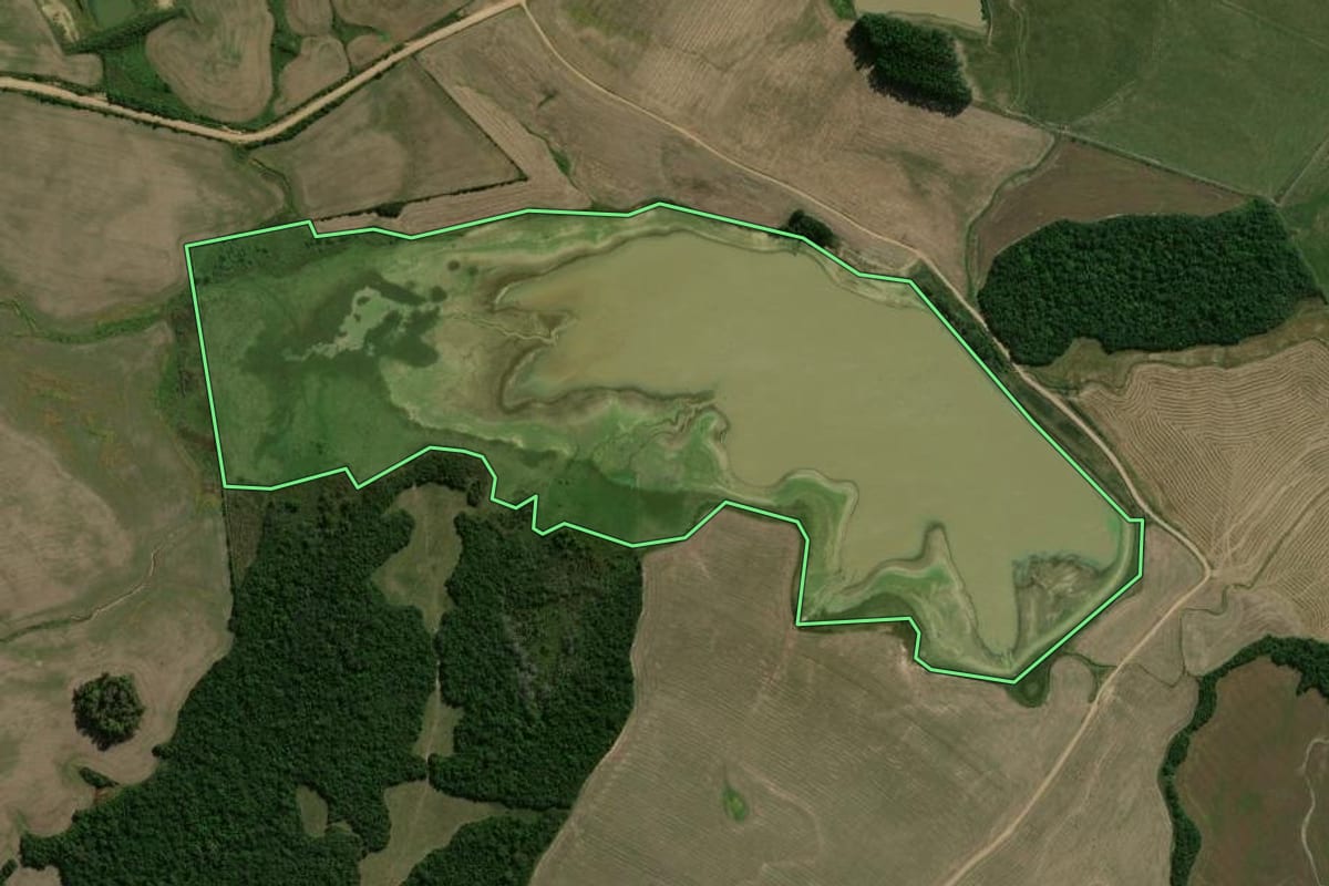 Imagem de satélite do imóvel rural em São Sepé (RS), com o contorno declarado no CAR desenhado por cima.