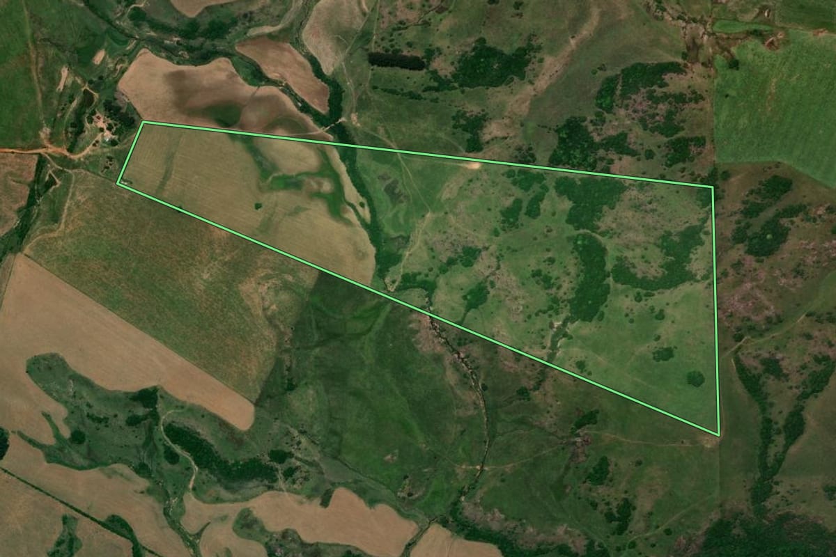 Imagem de satélite do imóvel rural em São Sepé (RS), com o contorno declarado no CAR desenhado por cima.