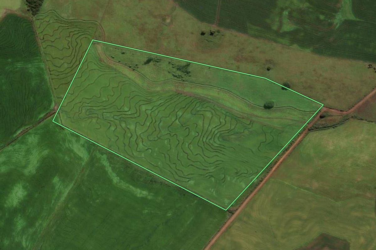Imagem de satélite do imóvel rural em São Sepé (RS), com o contorno declarado no CAR desenhado por cima.