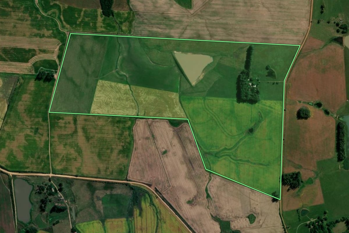 Imagem de satélite do imóvel rural em São Sepé (RS), com o contorno declarado no CAR desenhado por cima.