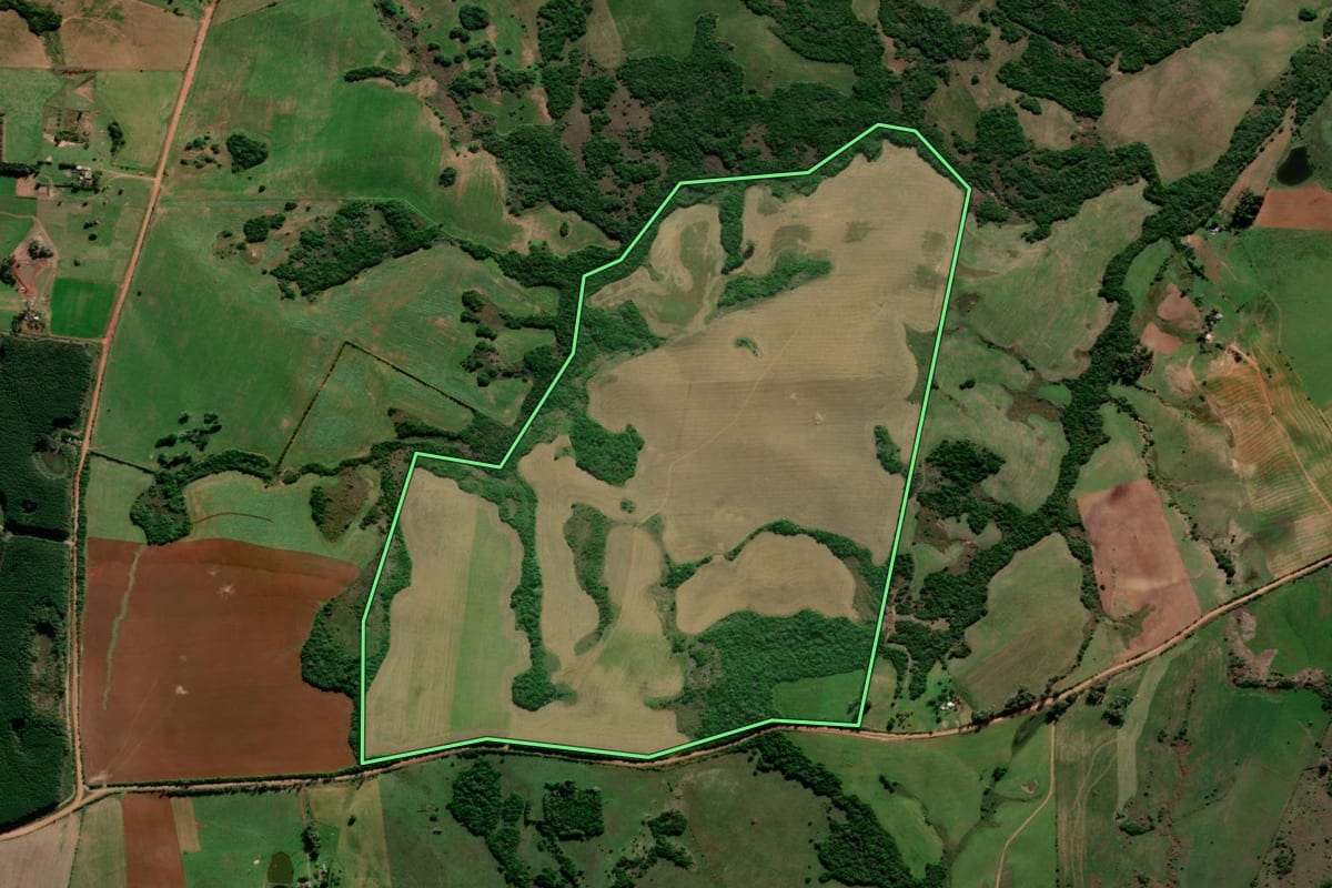 Imagem de satélite do imóvel rural em São Sepé (RS), com o contorno declarado no CAR desenhado por cima.