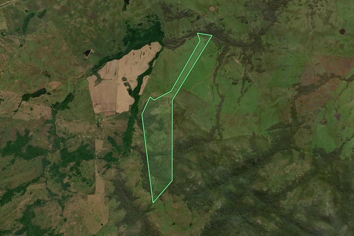 Imagem de satélite do imóvel rural em São Sepé (RS), com o contorno declarado no CAR desenhado por cima.