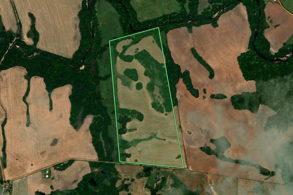 Imagem de satélite do imóvel rural em São Sepé (RS), com o contorno declarado no CAR desenhado por cima.