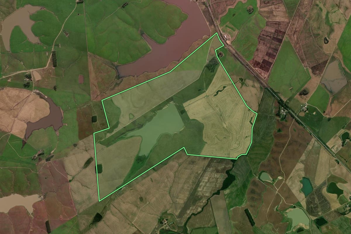 Imagem de satélite do imóvel rural em São Sepé (RS), com o contorno declarado no CAR desenhado por cima.