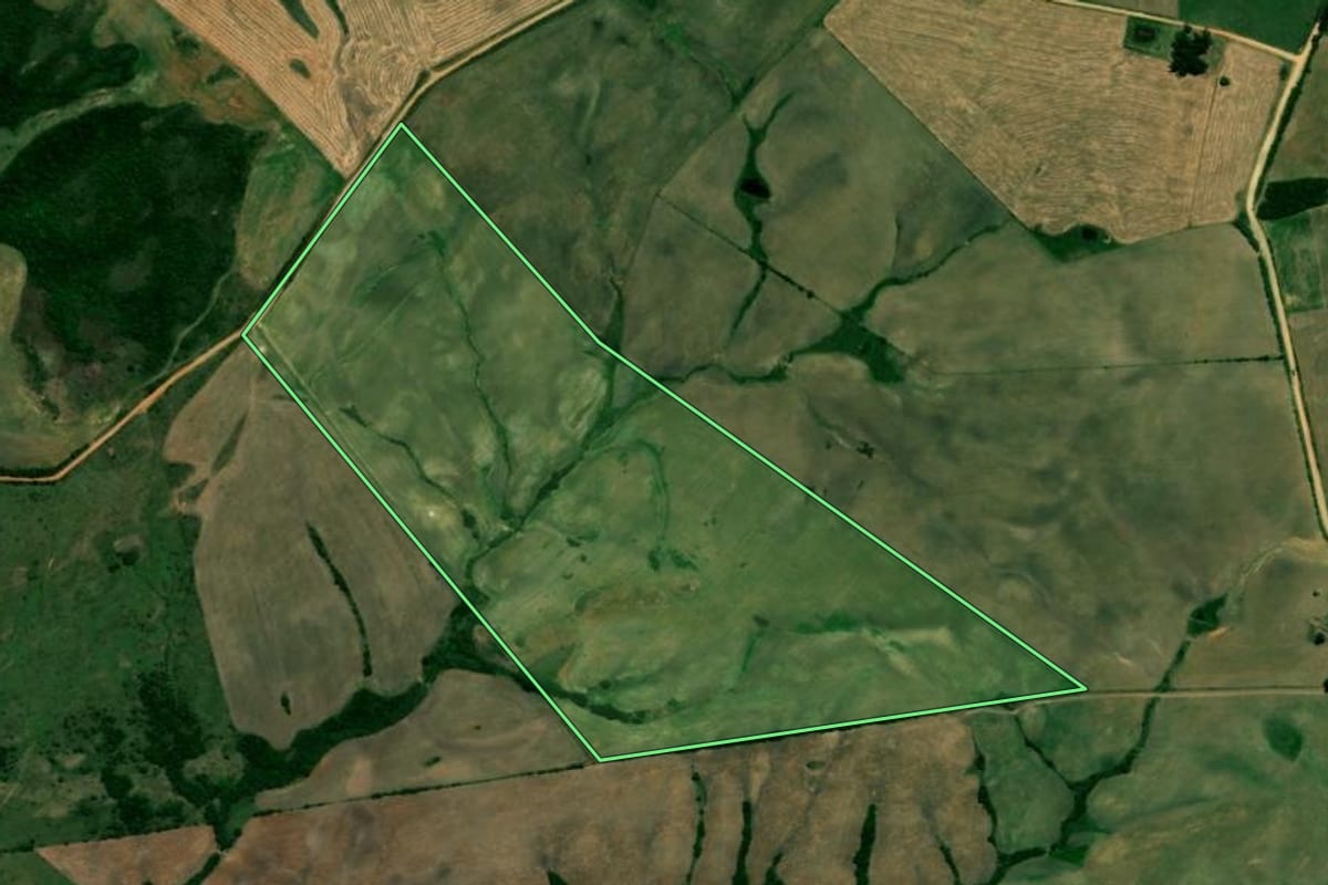 Imagem de satélite do imóvel rural em São Sepé (RS), com o contorno declarado no CAR desenhado por cima.