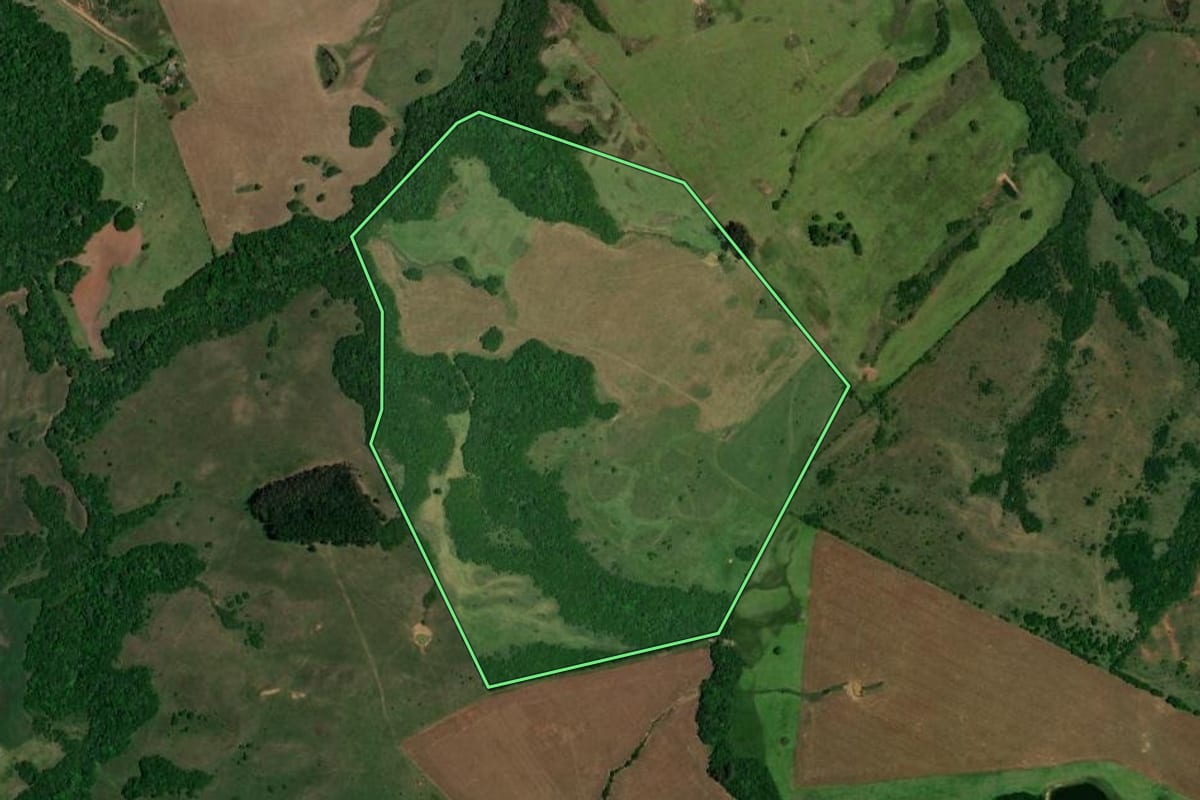 Imagem de satélite do imóvel rural em São Sepé (RS), com o contorno declarado no CAR desenhado por cima.