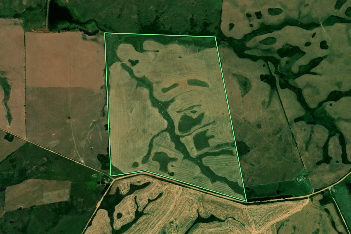 Imagem de satélite do imóvel rural em São Sepé (RS), com o contorno declarado no CAR desenhado por cima.