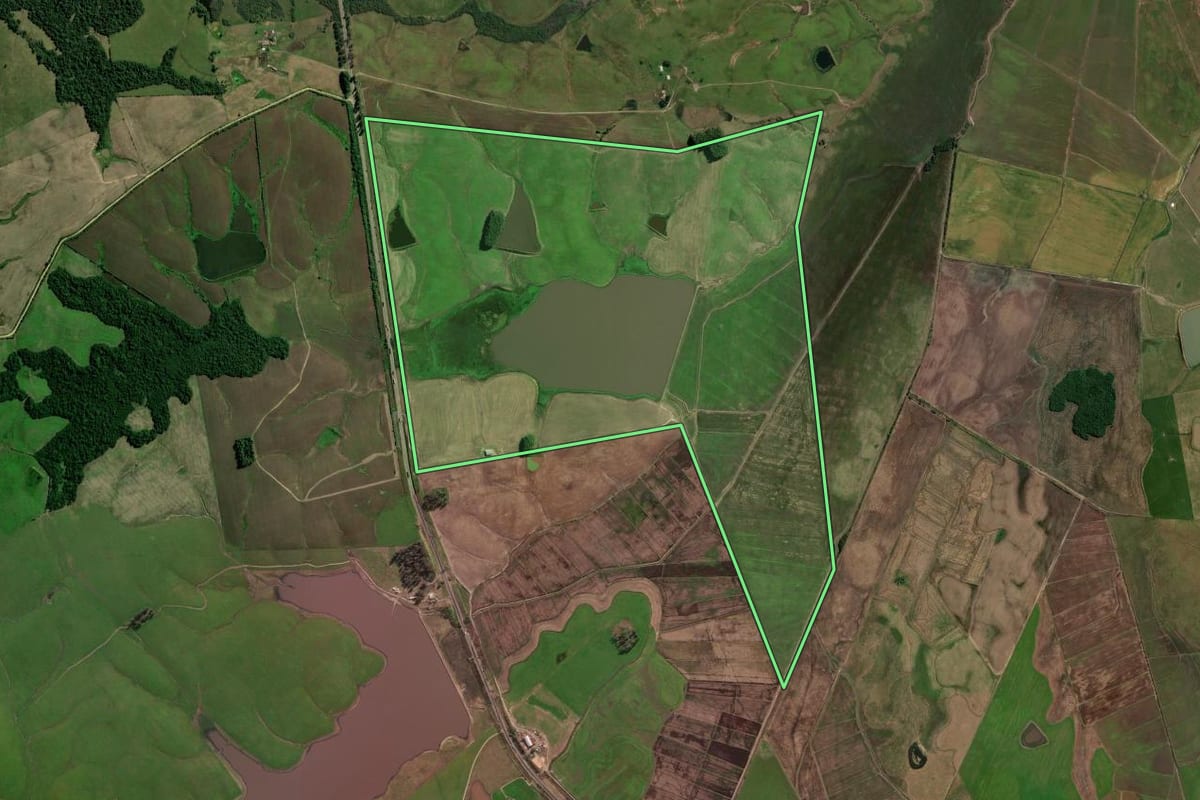 Imagem de satélite do imóvel rural em São Sepé (RS), com o contorno declarado no CAR desenhado por cima.