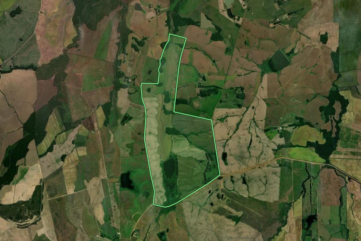 Imagem de satélite do imóvel rural em São Sepé (RS), com o contorno declarado no CAR desenhado por cima.