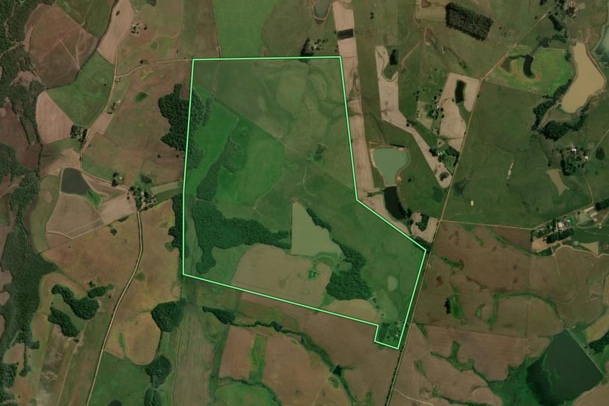 Imagem de satélite do imóvel rural em São Sepé (RS), com o contorno declarado no CAR desenhado por cima.