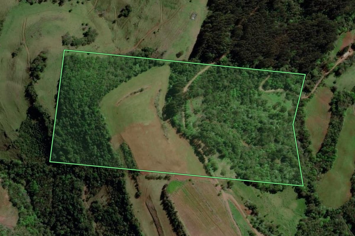Imagem de satélite do imóvel rural em São Valentim (RS), com o contorno declarado no CAR desenhado por cima.