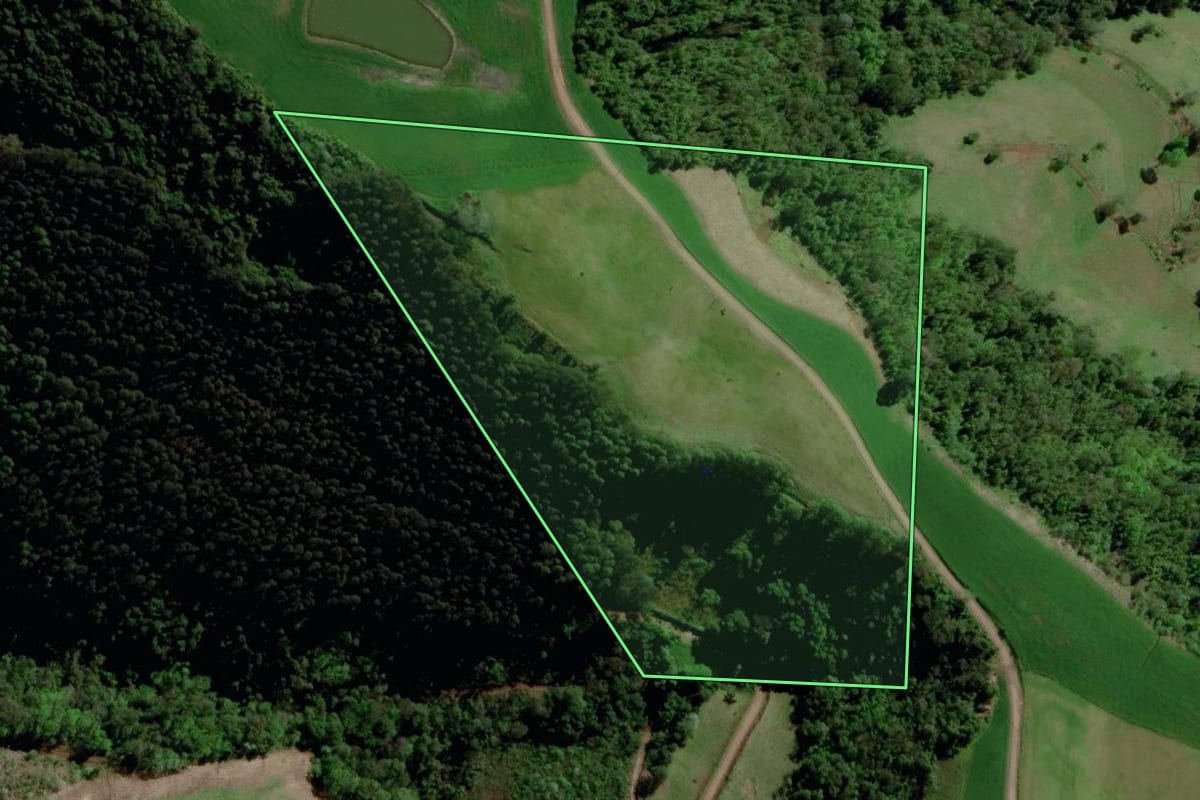Imagem de satélite do imóvel rural em São Valentim (RS), com o contorno declarado no CAR desenhado por cima.
