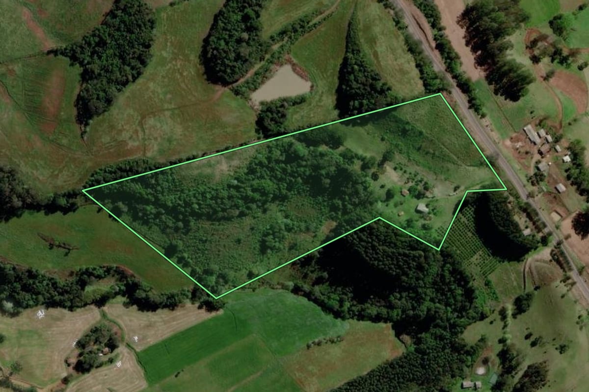 Imagem de satélite do imóvel rural em São Valentim (RS), com o contorno declarado no CAR desenhado por cima.