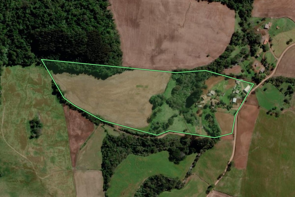 Imagem de satélite do imóvel rural em São Valentim (RS), com o contorno declarado no CAR desenhado por cima.