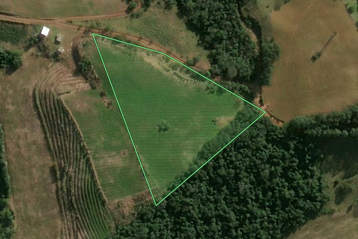Imagem de satélite do imóvel rural em São Valentim (RS), com o contorno declarado no CAR desenhado por cima.