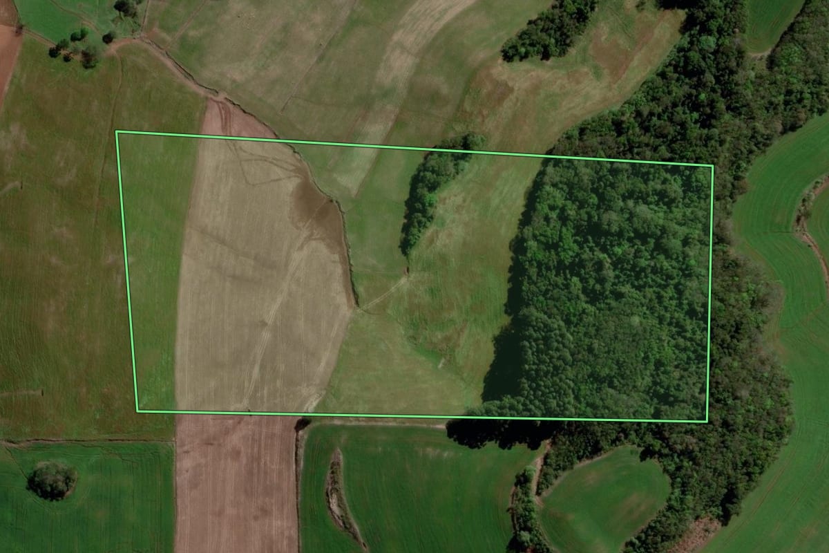 Imagem de satélite do imóvel rural em São Valentim (RS), com o contorno declarado no CAR desenhado por cima.