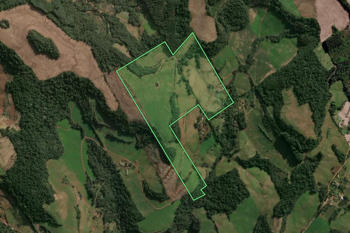 Imagem de satélite do imóvel rural em São Valentim (RS), com o contorno declarado no CAR desenhado por cima.