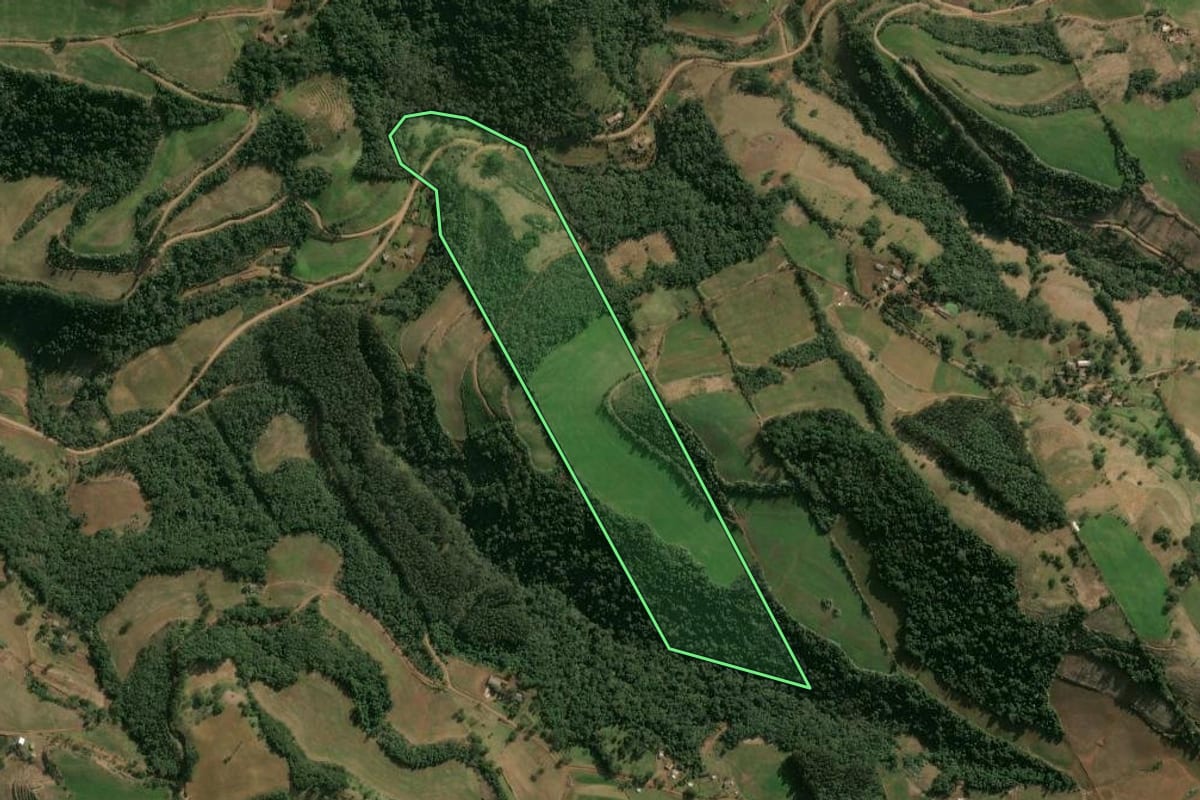 Imagem de satélite do imóvel rural em São Valentim (RS), com o contorno declarado no CAR desenhado por cima.