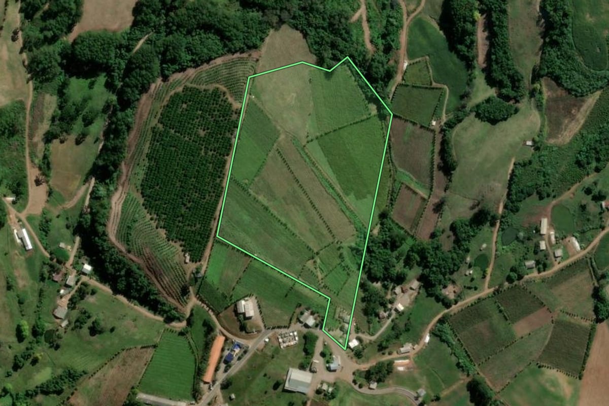 Imagem de satélite do imóvel rural em São Valentim do Sul (RS), com o contorno declarado no CAR desenhado por cima.