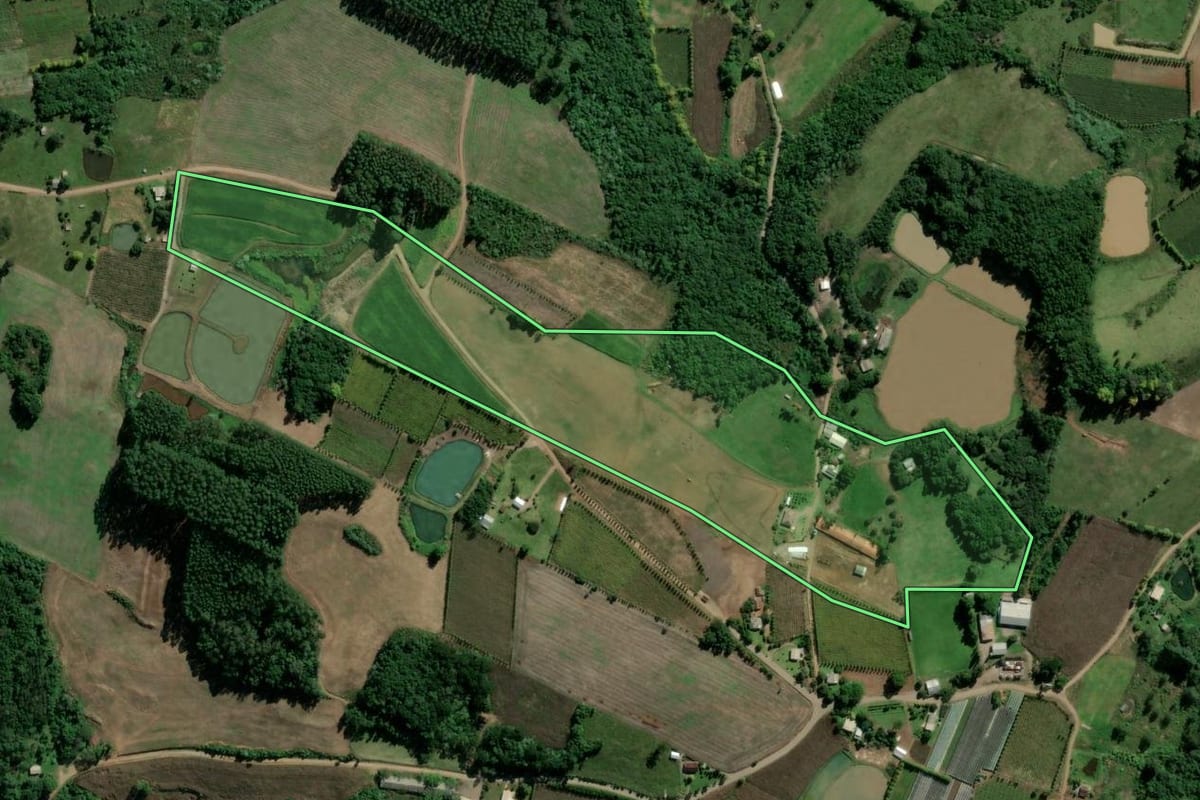 Imagem de satélite do imóvel rural em São Valentim do Sul (RS), com o contorno declarado no CAR desenhado por cima.