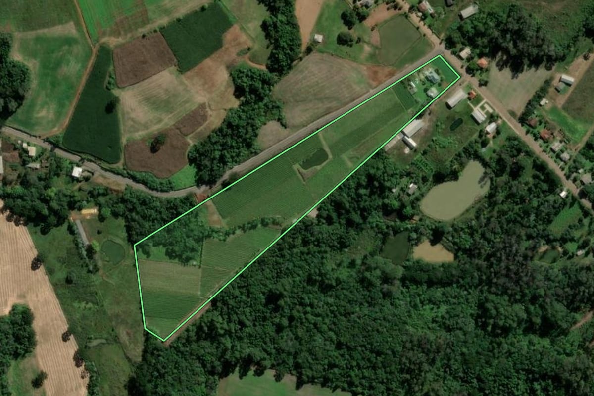 Imagem de satélite do imóvel rural em São Valentim do Sul (RS), com o contorno declarado no CAR desenhado por cima.