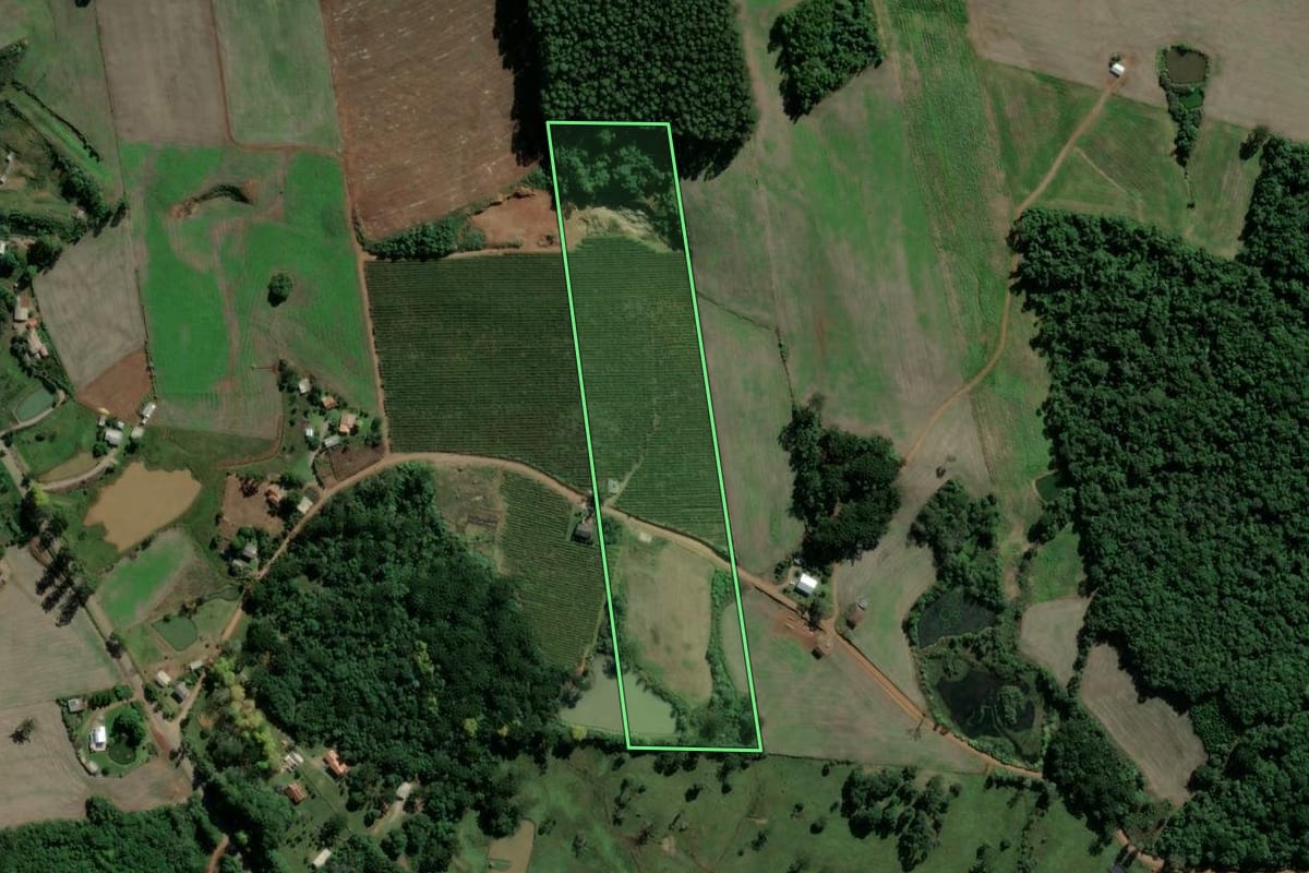 Imagem de satélite do imóvel rural em São Valentim do Sul (RS), com o contorno declarado no CAR desenhado por cima.