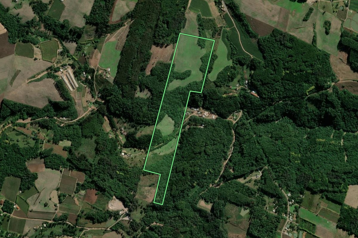 Imagem de satélite do imóvel rural em São Valentim do Sul (RS), com o contorno declarado no CAR desenhado por cima.