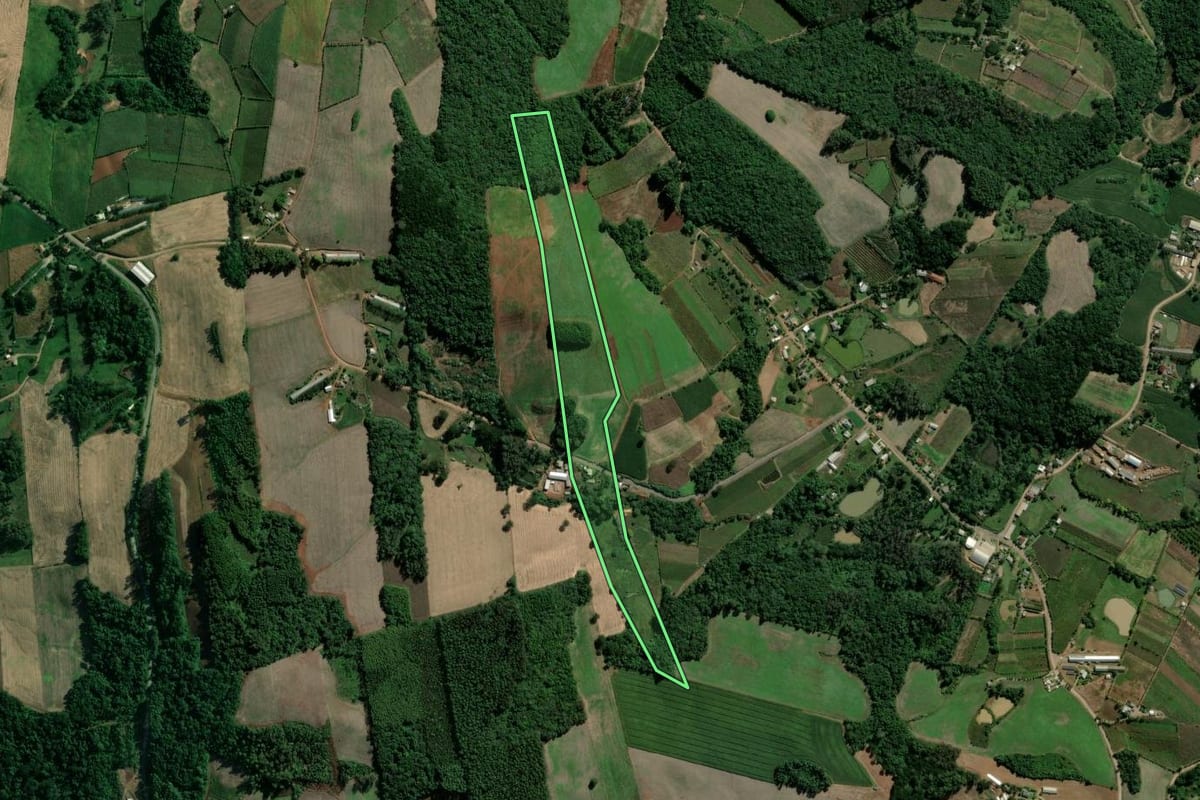 Imagem de satélite do imóvel rural em São Valentim do Sul (RS), com o contorno declarado no CAR desenhado por cima.