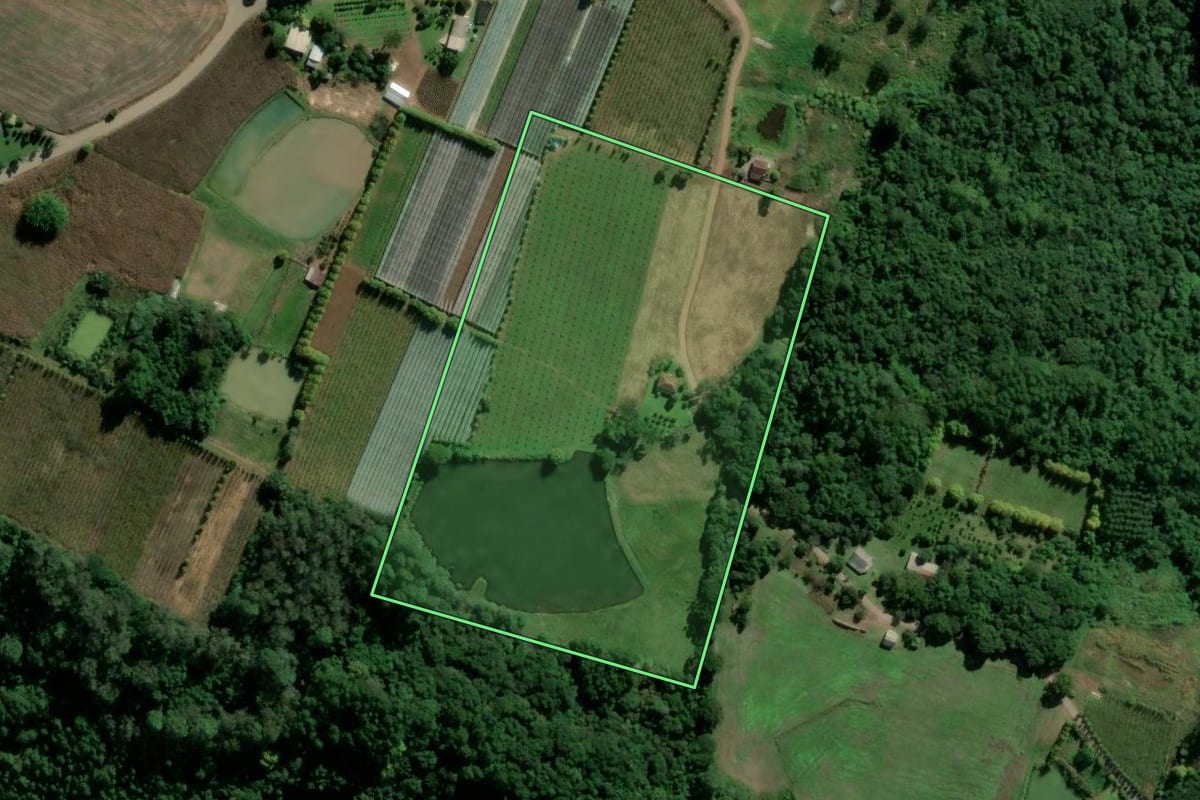 Imagem de satélite do imóvel rural em São Valentim do Sul (RS), com o contorno declarado no CAR desenhado por cima.