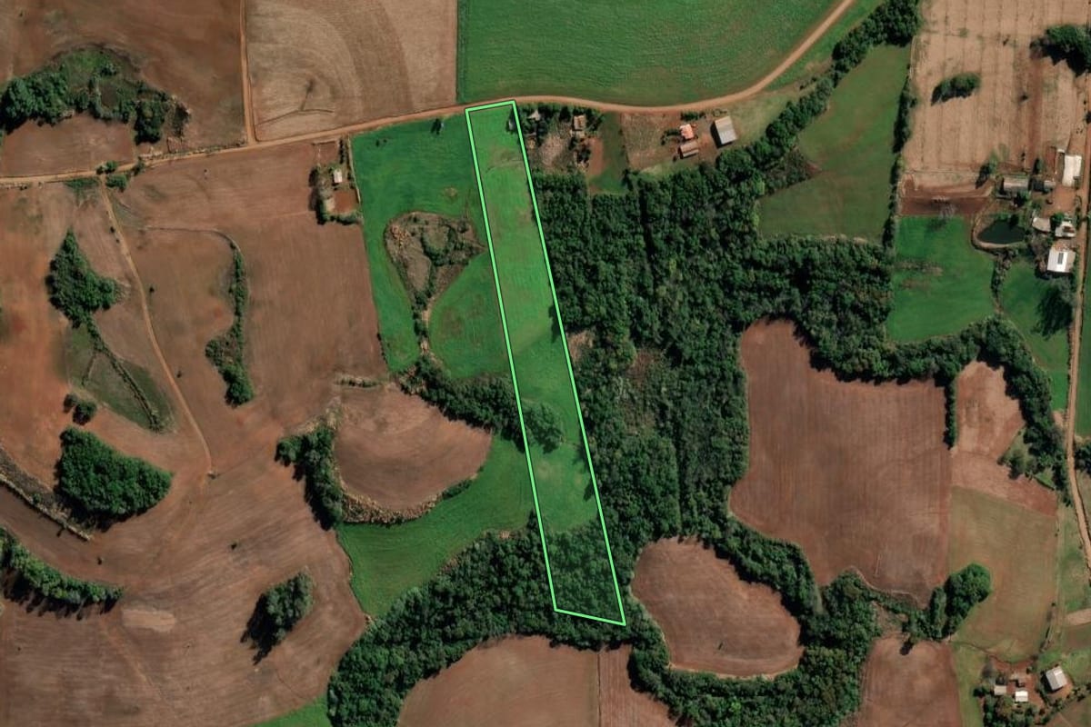 Imagem de satélite do imóvel rural em São Valério do Sul (RS), com o contorno declarado no CAR desenhado por cima.