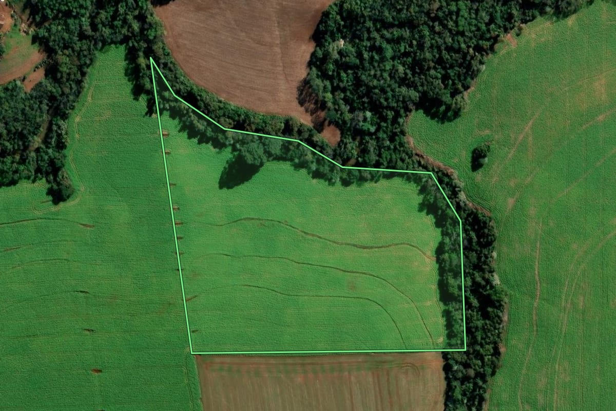 Imagem de satélite do imóvel rural em São Valério do Sul (RS), com o contorno declarado no CAR desenhado por cima.