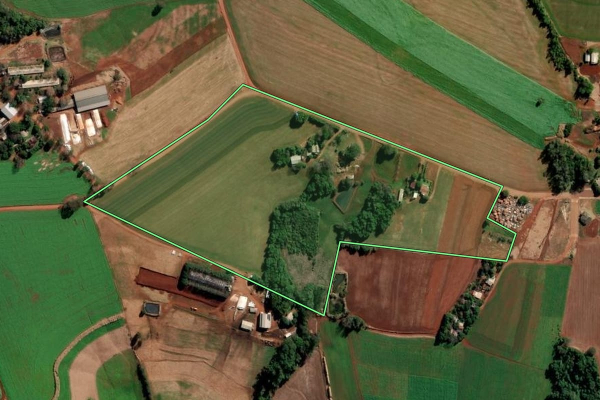 Imagem de satélite do imóvel rural em São Valério do Sul (RS), com o contorno declarado no CAR desenhado por cima.