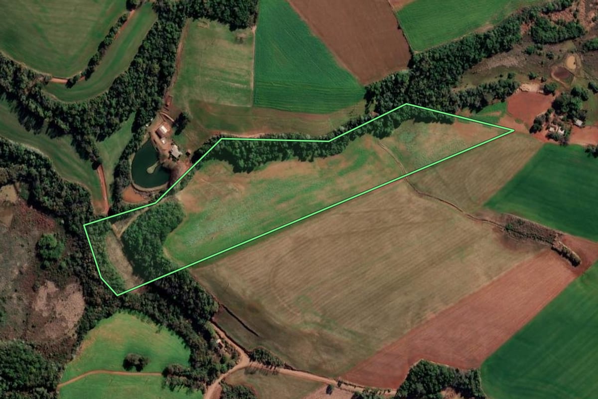Imagem de satélite do imóvel rural em São Valério do Sul (RS), com o contorno declarado no CAR desenhado por cima.