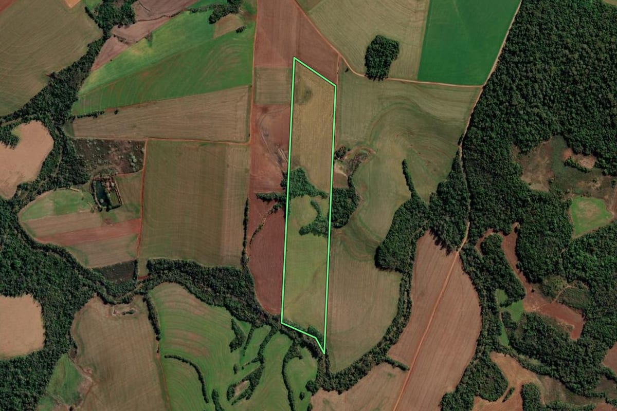 Imagem de satélite do imóvel rural em São Valério do Sul (RS), com o contorno declarado no CAR desenhado por cima.