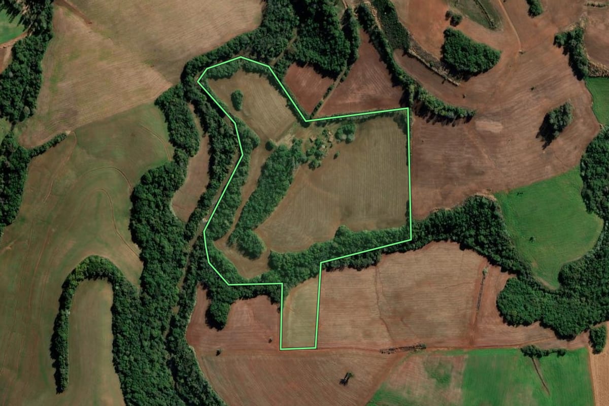 Imagem de satélite do imóvel rural em São Valério do Sul (RS), com o contorno declarado no CAR desenhado por cima.